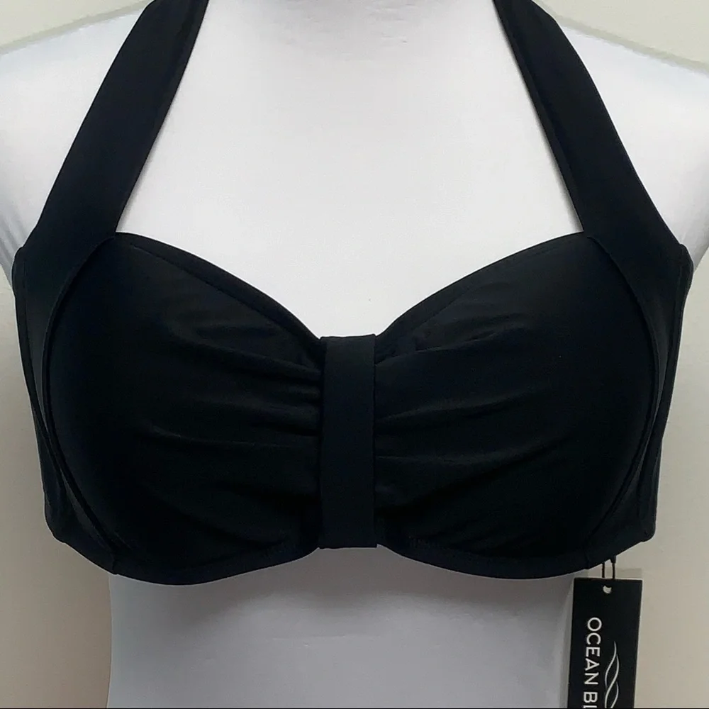 OCEAN BLUES Size S Black Ruched Halter Swim Top